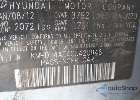 2012 Hyundai Elantra Gls (Ulsan Plant) from USA, damaged, VIN KMHDH4AE4CU420946